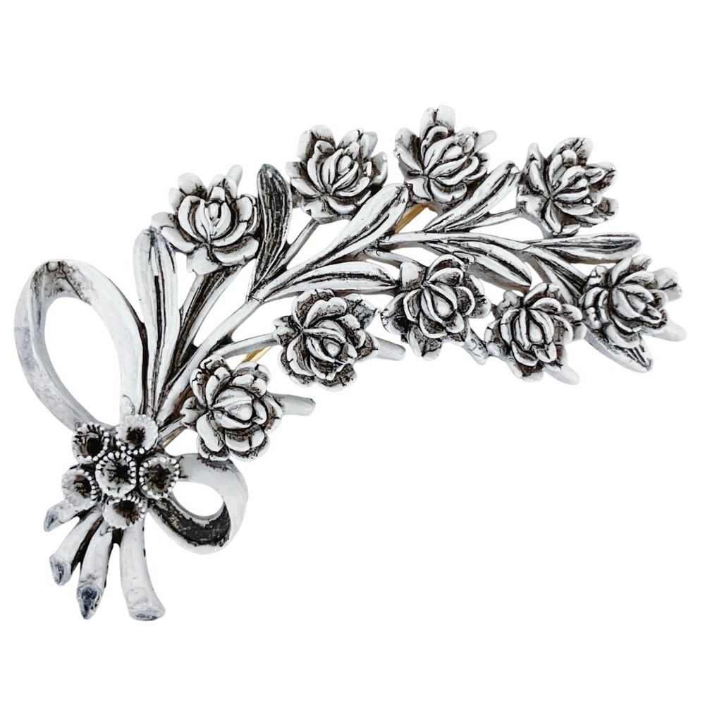 VTG Mid Century Ribbon Rose Brooch Antiqued Floral Flower Spray Celluloid Pin
